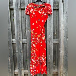 Free People Red Floral Short Sleeve V Neck Wrap Maxi Dress Sz M